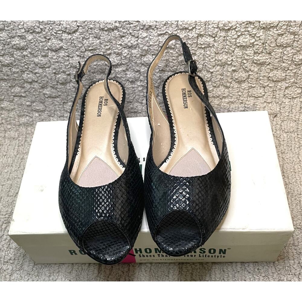 Ros Hommerson Black Flats Womens 10WW Box NEW BOX NIB Python Embossed Sling Back